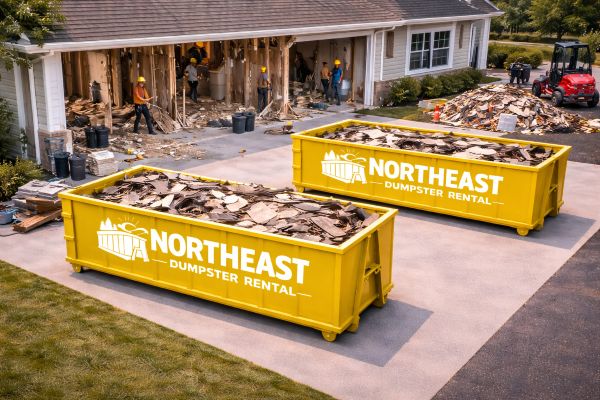 Roll-off dumpster filled with demolition debris and rubble