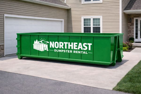 Green residential roll-off dumpster in a suburban driveway