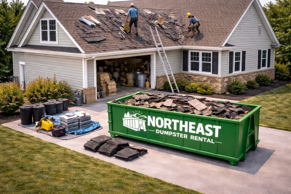 Dumpster filled with old roofing shingles from a tear-off